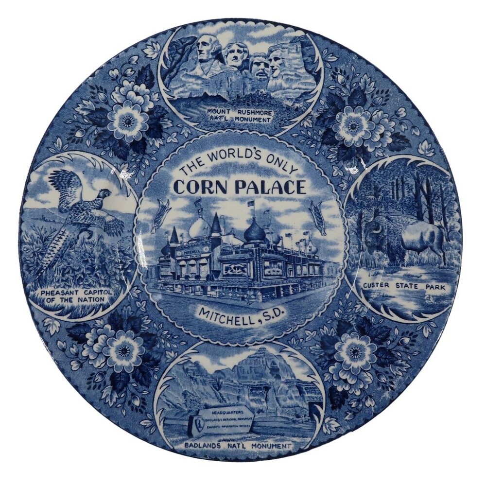 Blue Staffordshire Worlds Only Corn Palace Mitchell SD Souvenir Plate 10in VTG